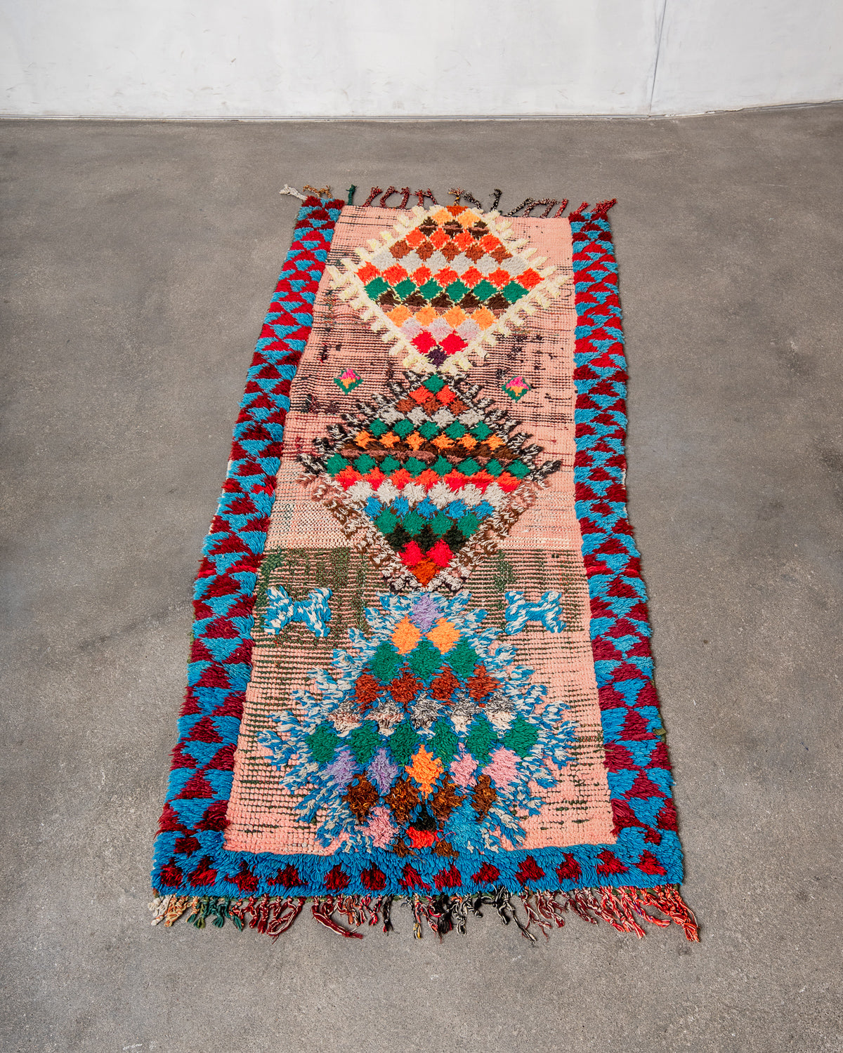 Modern, designer, handcrafted Berber runner rug from Morocco. Vintage carpet with beautiful colours and patterns and fluffy texture.